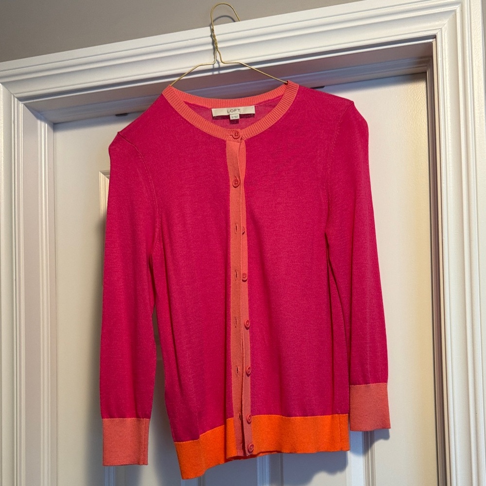 LOFT Women's Pink and Orange Button-Up Cardigan